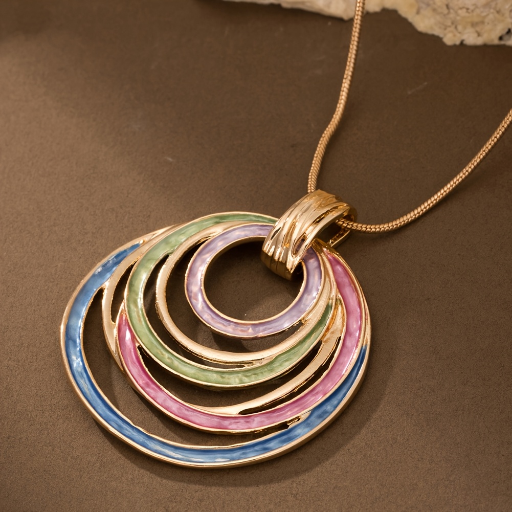Geometric Oval Pendant Necklace Multicolor Gradient Lightweight